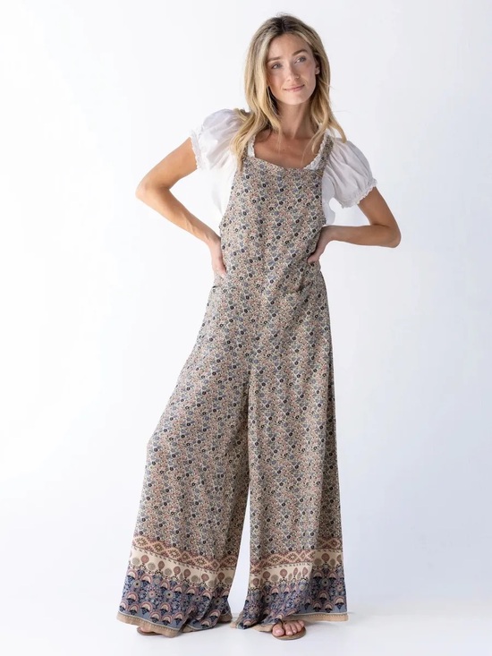 NATURAL LIFE Pants - NATURAL LIFE Beige Floral Wide-Leg Jumpsuit with Border Print